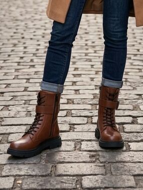 Brown Faux Leater Mid-calf boots with side zipper and strap